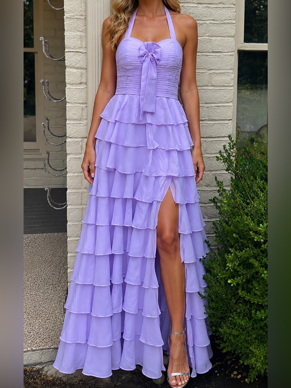 $$$ NEW AMAZING LONG TIERED PURPLE RUFFLE HALTER DRESS